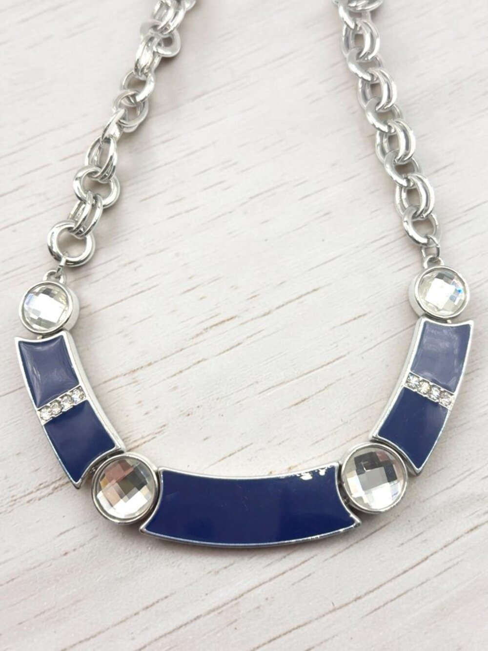 Silver-Tone Link Necklace with Blue Enamel and Rhinestone Accents